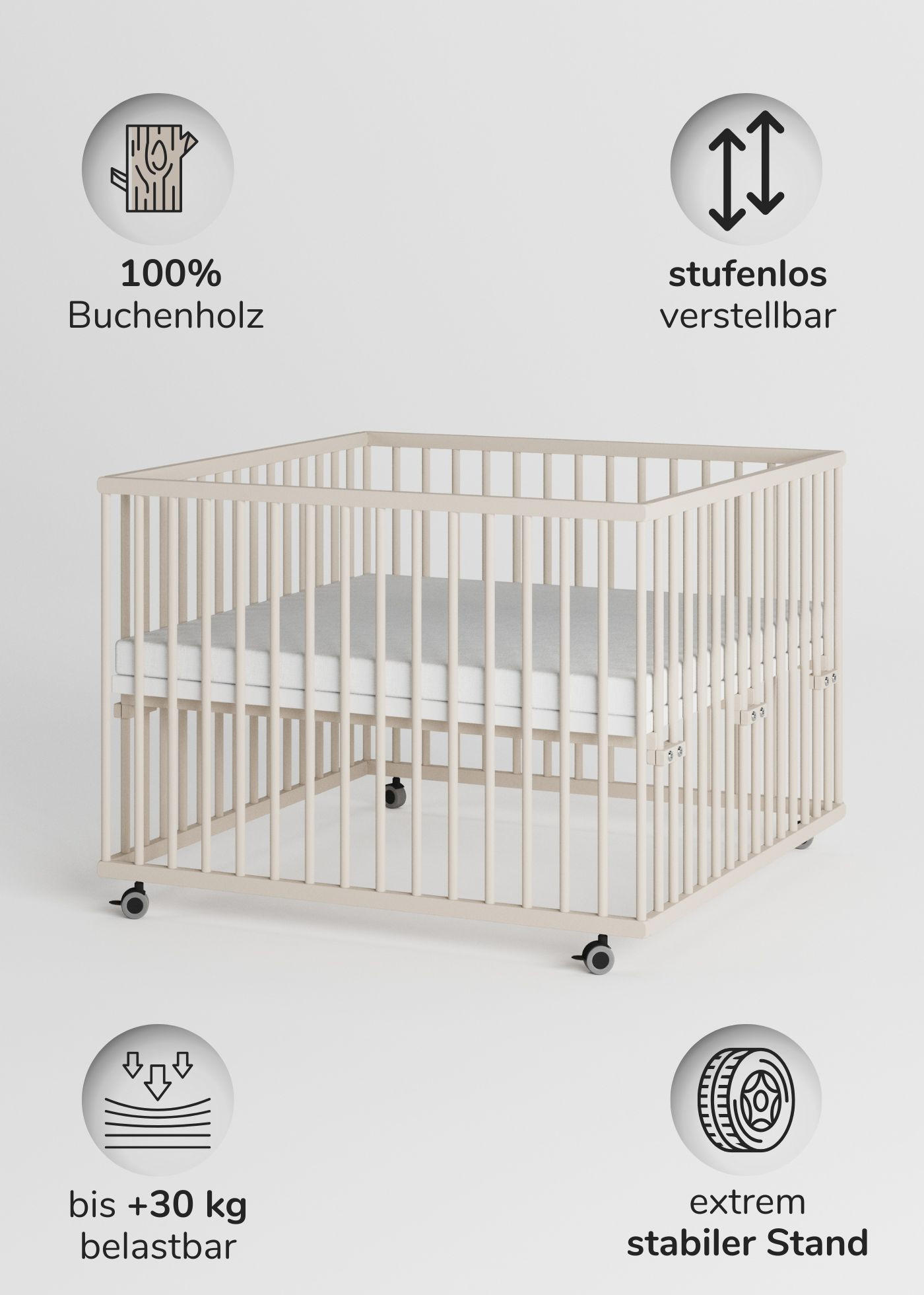 LAUFGITTER 100x100 cm mit Matratze - sahara dust - Premium Kollektion - Sandfarben, Holz (100/74/100cm) - Sämann – make a difference.