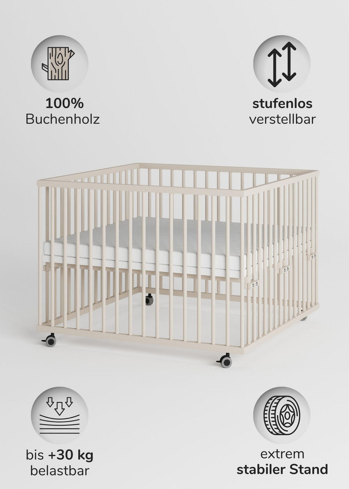 LAUFGITTER 100x100 cm mit Matratze - sahara dust - Premium Kollektion - Sandfarben, Holz (100/74/100cm) - Sämann – make a difference.