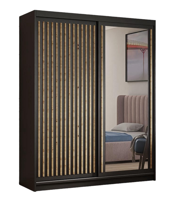SCHWEBETÜRENSCHRANK Dora 160 cm mit Lamellen und Spiegel 2-türig, schwarz, Lamelle artisan - Schwarz/Eiche Artisan, Kunststoff (160/205/60cm) - Margaret Hadas24