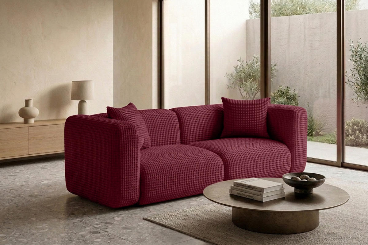 SOFA 2-Sitzer, Chenille-Stoff Cremona, Rotwein, GRETA - Weinrot, Holz (228/70/89cm) - Kaiser Möbel