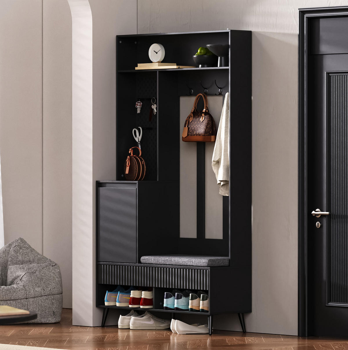 GARDEROBENSET 100/35/180 cm mit Sitzbank, 2 Schubladen, Schrank und 4 Haken aus MDF, Schwarz - Schwarz, Holzwerkstoff (100/180/35cm) - Redom