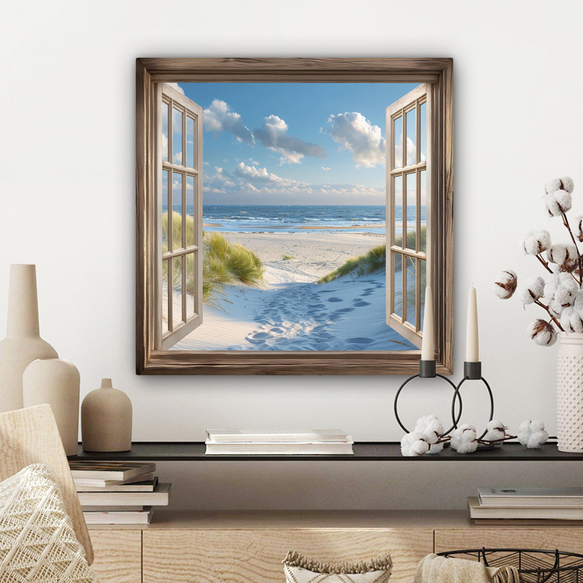 LEINWANDBILD Aussicht - Strand - Fenster - Dünen - Meer Wandbild Wohnzimmer 50x50 cm - Hellblau, Textil (50/50cm) - MuchoWow