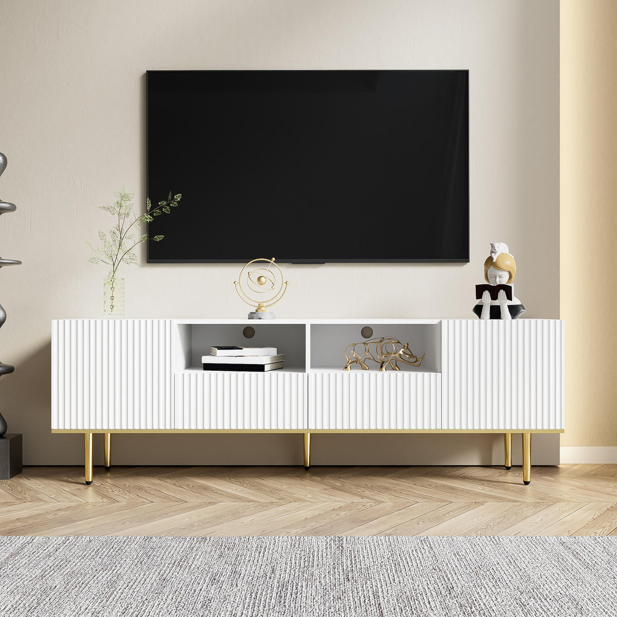 TV-ELEMENTMODERNER 165x36x55cm Schwarz-Gold mit Schubladen und Goldenen Füßen - Weiß, Holz (43/19.5/97cm) - Raelunyi