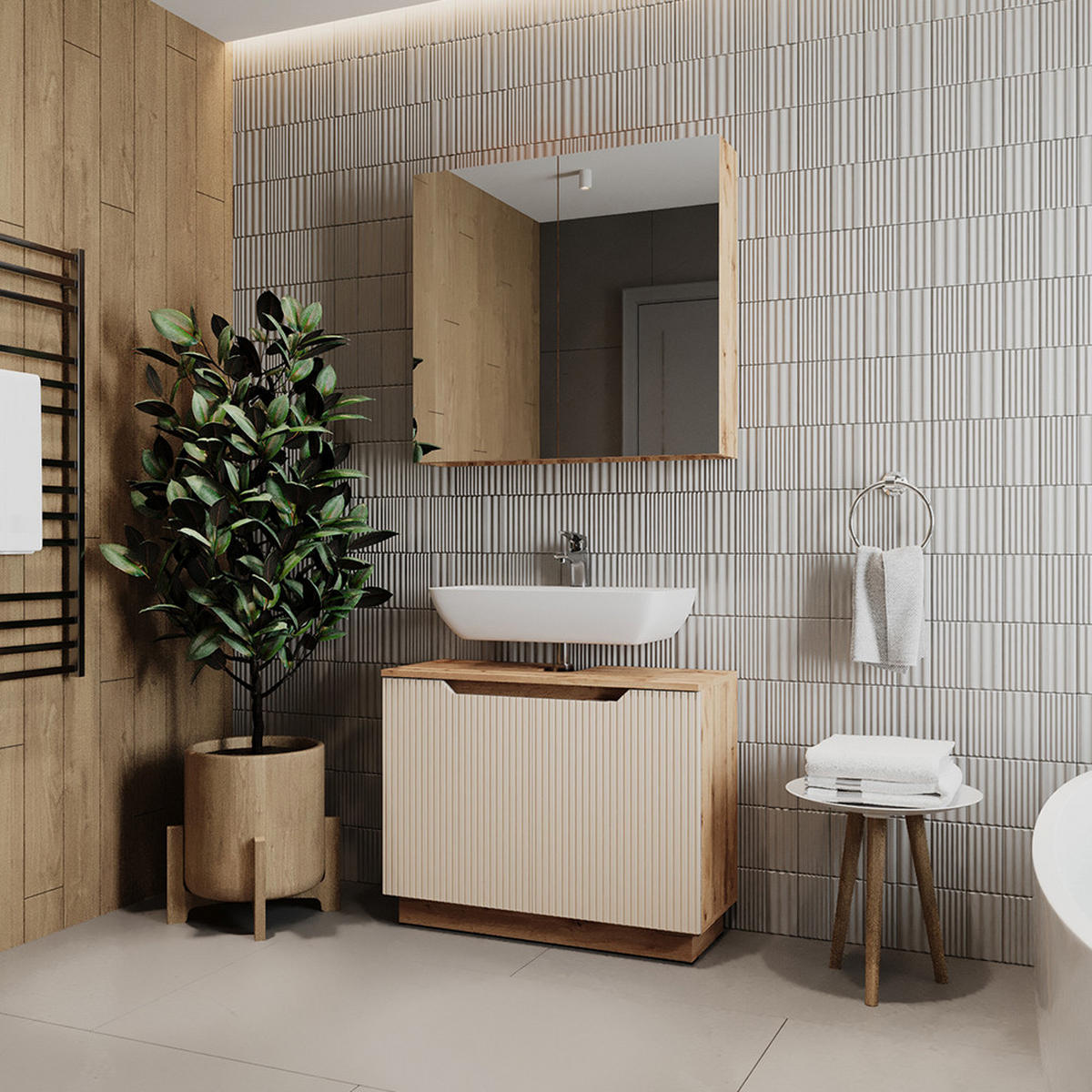 BADMÖBEL-SET Lotta Eiche/Kaschmir gestreift 2 Teile - Kaschmir/Eichefarben, Holzwerkstoff (79.6/62.1/32cm) - Vicco