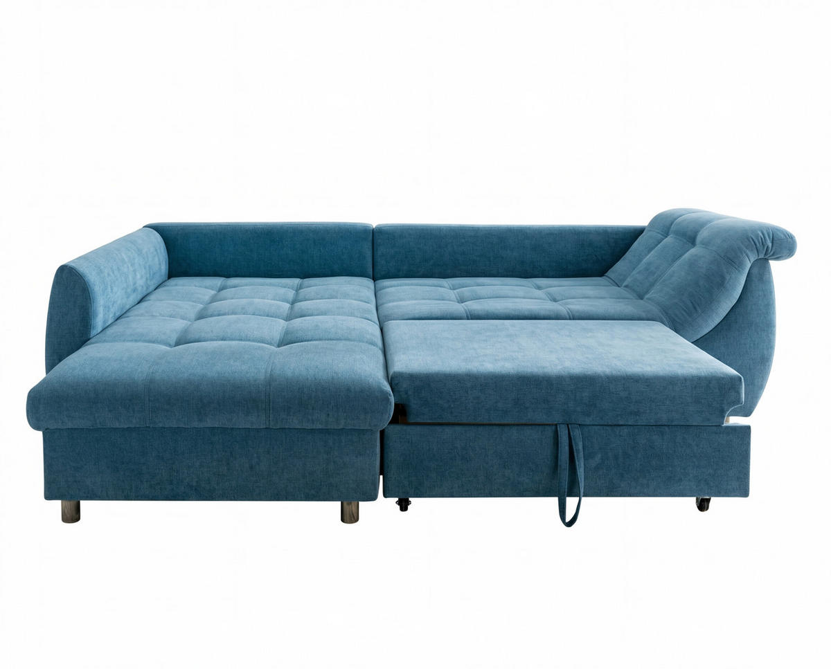 ECKSOFA mit Schlaffunktion, Wellenunterfederung, Ottomane links B250/T190/H84 cm, Liegefl. 179x190 cm, Mikrofaser Blau / 17108 - Blau/Chromfarben, Textil/Metall (250/190cm) - luma-home