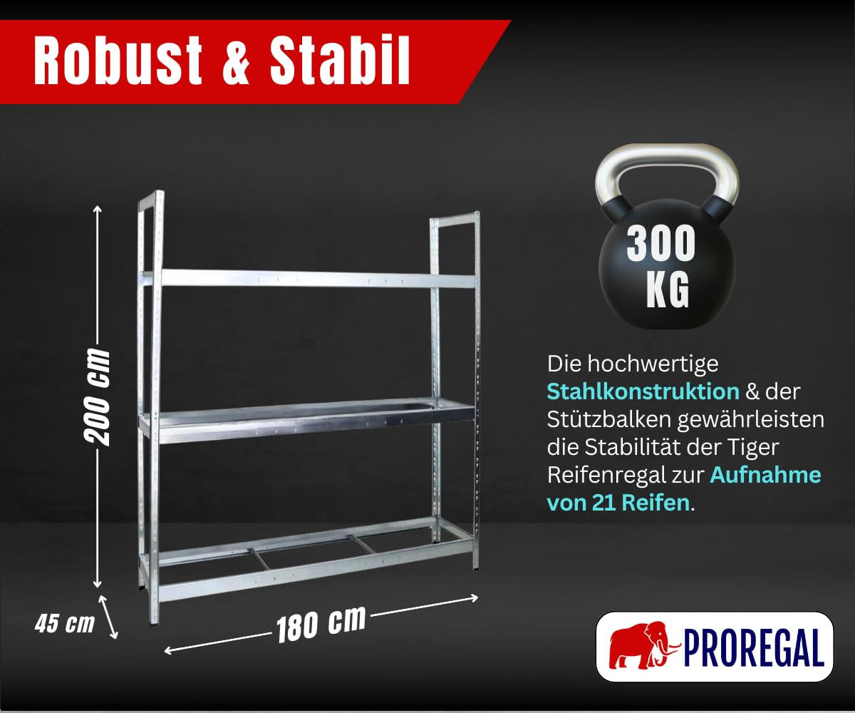REIFENREGAL Tiger XL 200x180x45 cm 300 kg Fachlast bis zu 21 Reifen auf 3 Ebenen Verzinkt - Silberfarben, Metall (180/200/45cm) - PROREGAL