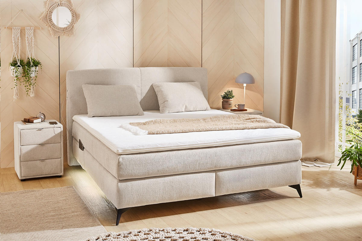 BOXSPRINGBETT 160x00 cm, 7-Zonen-Tonnentaschen-Federkernmatratzen H4, Topper, Bonell-Federkern, Beleuchtung, USB-Ladeports, Chenille Beige / 20014 - Beige/Schwarz, Textil/Metall (160/200cm) - luma-home