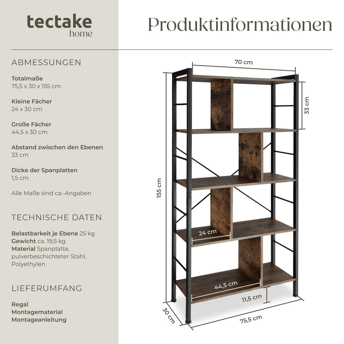 REGAL Charleston,inklusive Kippschutz, 75,5 x 30 x 155 cm,Industrial Holz dunkel, rustikal - Rostfarben, Holzwerkstoff (30/155/75.5cm) - tectake