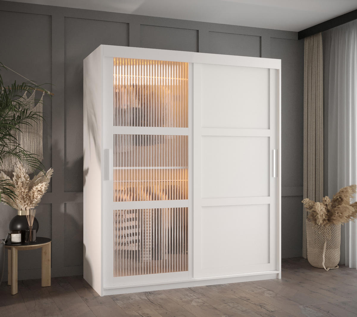 SCHWEBETÜRENSCHRANK 200/150/62 2-türig - Silberfarben/Weiß, Holz/Kunststoff (150/200/62cm) - Abiks Möbel