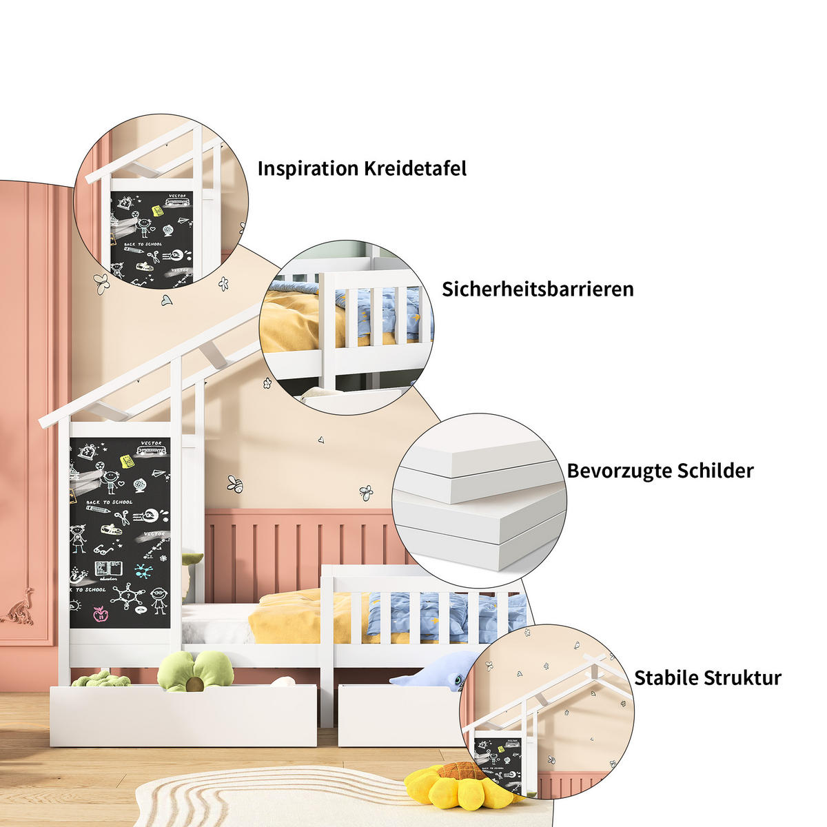 HAUSBETT 90x200cm mit 2 Schubladen, Weiß - Weiß, Holz (90/200cm)