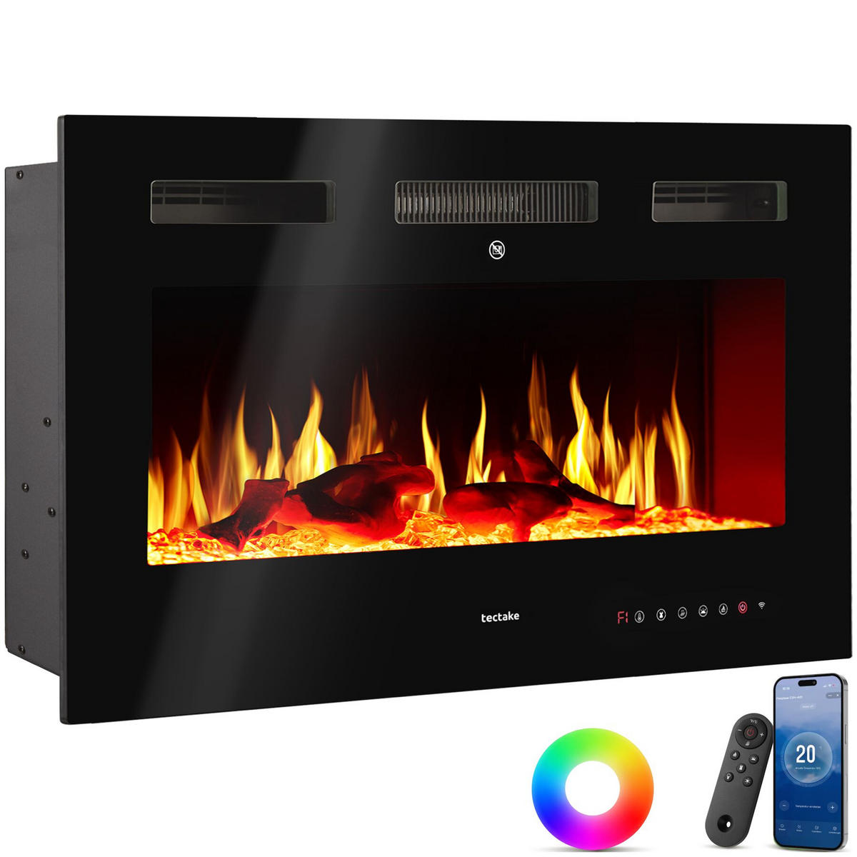 ELEKTRO-WANDKAMIN Luci, mit Fernbedienung und App-Steuerung, integriertes Thermostat, schwarz - Schwarz, Metall (91.5/43/12cm) - tectake