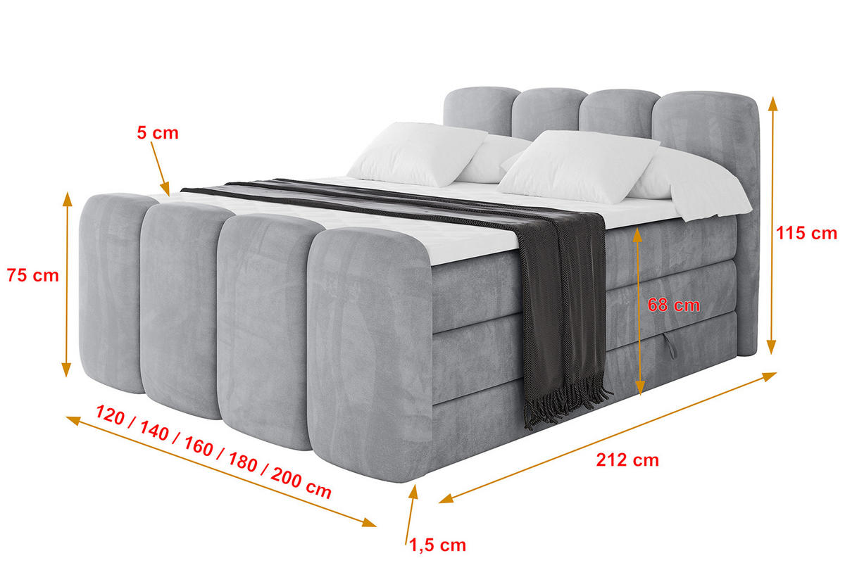 BOXBETT mit Matratze H3|H4 und Lattenrost - NINA-Z KING - 120x200 cm - Hellgrau - Hellgrau, Holzwerkstoff (120/200cm)