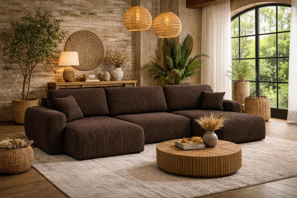 ECKSOFA Mit Schlaffunktion Und Bettkasten U-Form Ariel U, Cordstoff Poso, Braun - Braun, Holz (342/142cm) - Kaiser Möbel