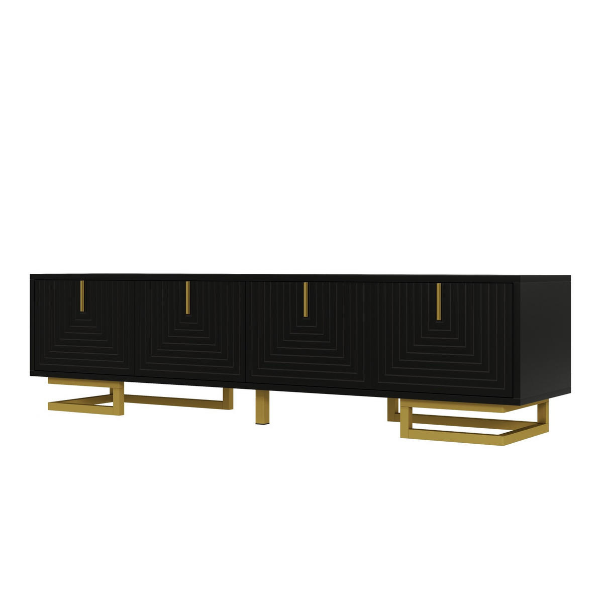 TV stolek 160/38/44,5 cm s úložným prostorem, strukturované dveře, zlaté úchyty a nohy, Černá - černá, kompozitní dřevo (160/44.5/38cm) - Redom