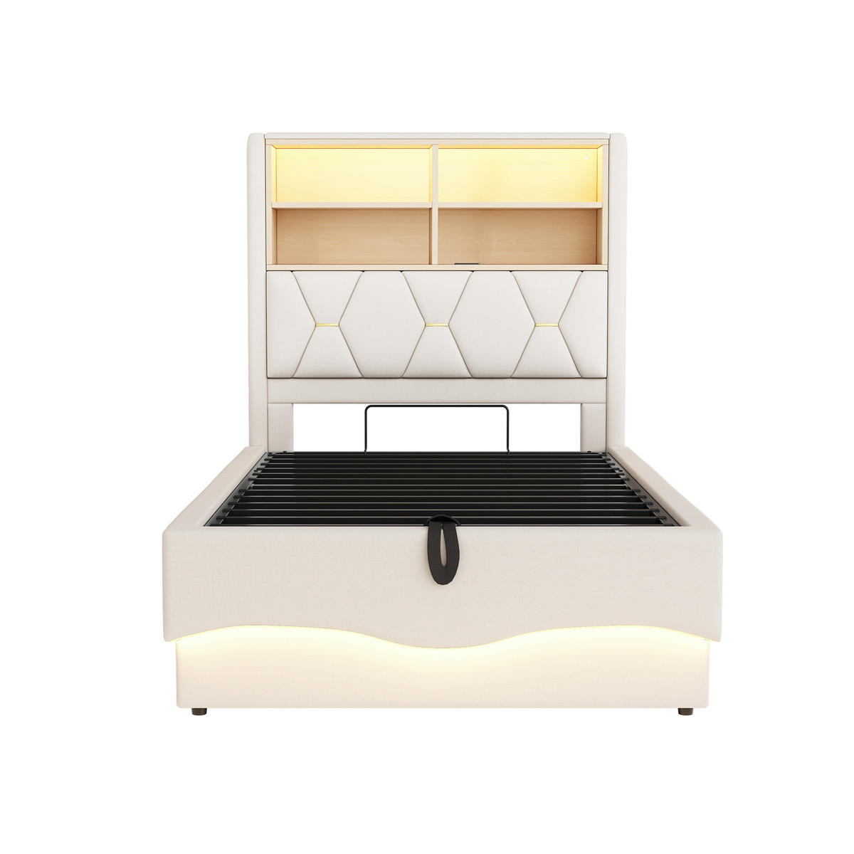 BETT mit Stauraum und LED 90x200 cm Leinen Beige - Beige, Metall (90/200cm) - Beauniv