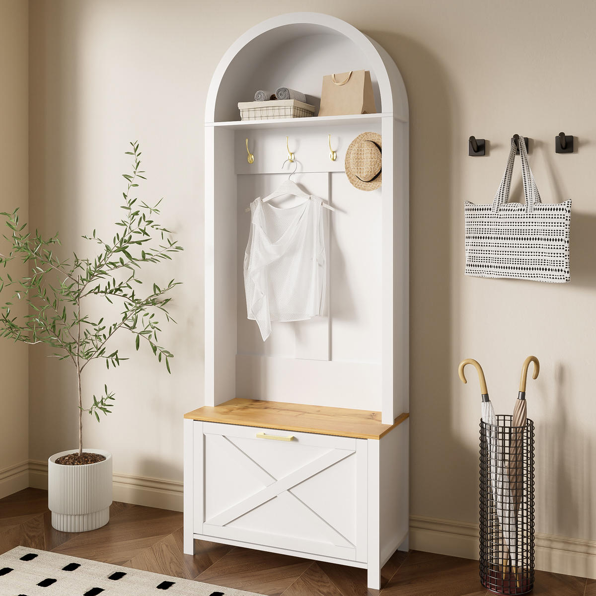 GARDEROBENSCHRANK Schuhregal Haken Ablage MDF Eisen modern - Weiß, Holzwerkstoff (35/195/75cm) - FLIEKS