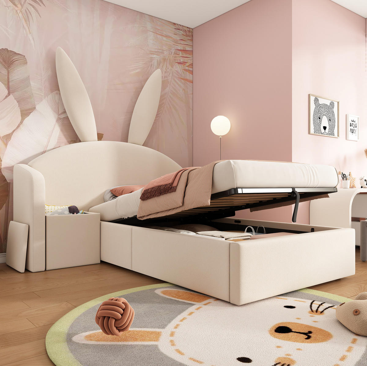 POLSTERBETT 90/190 cm, Beige mit Hasenohren-Kopfteil und Stauraum - Beige, Textil (90/190cm) - MIVRAY