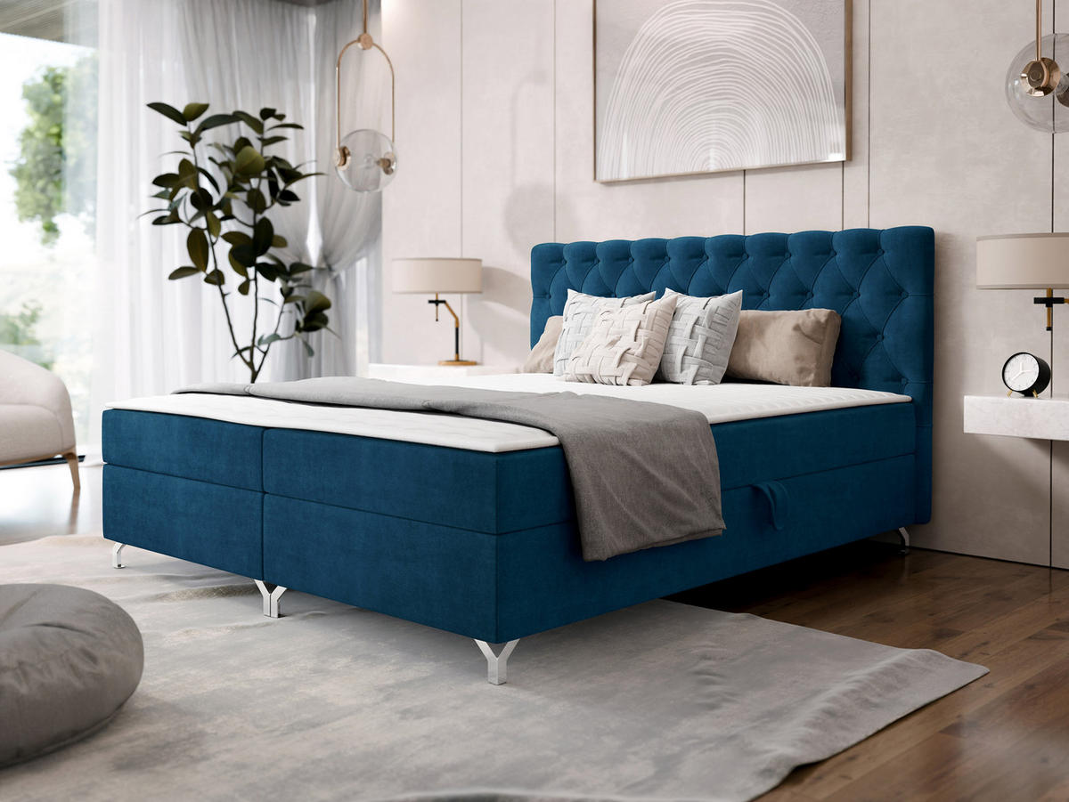 BOXBETT Chester 2 - Silberfarben/Dunkelblau, Holz/Textil (180/200cm) - MIRJAN24