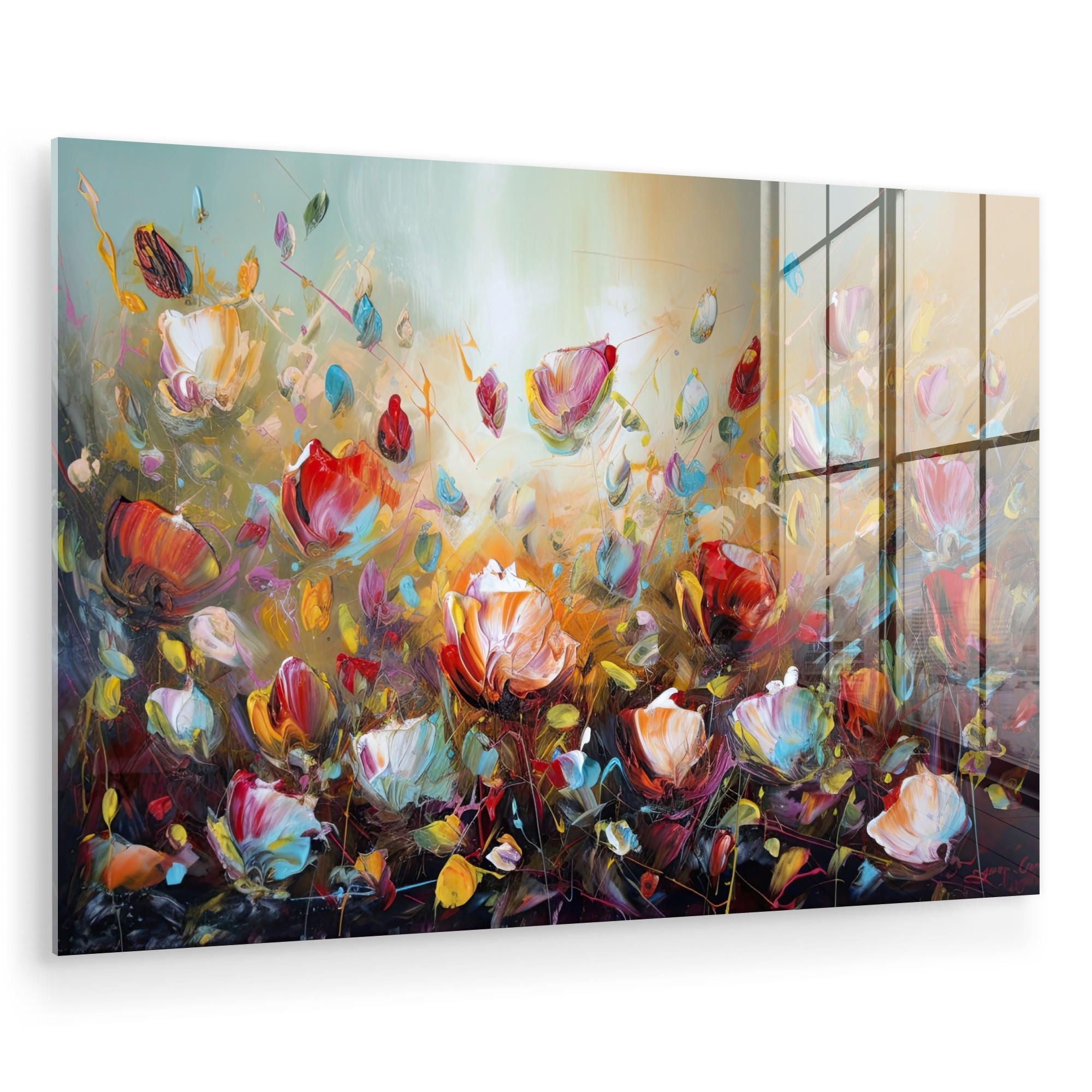 ACRYLGLASBILD Blumen - Kunst - Natur - Ölgemälde 90x60 cm - Multicolor, Glas (90/60cm) - MuchoWow