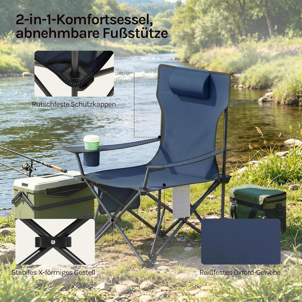 CAMPINGSTUHL Faltbar 2er Set mit Fußablage Blau - Blau, Textil (84/88.5/160cm) - Woltu