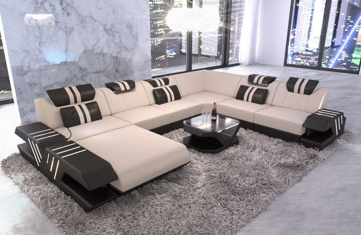 WOHNLANDSCHAFT Venedig Elfenbein Schwarz Mikrofaserstoff - Creme, Kunststoff (373/80/288cm)