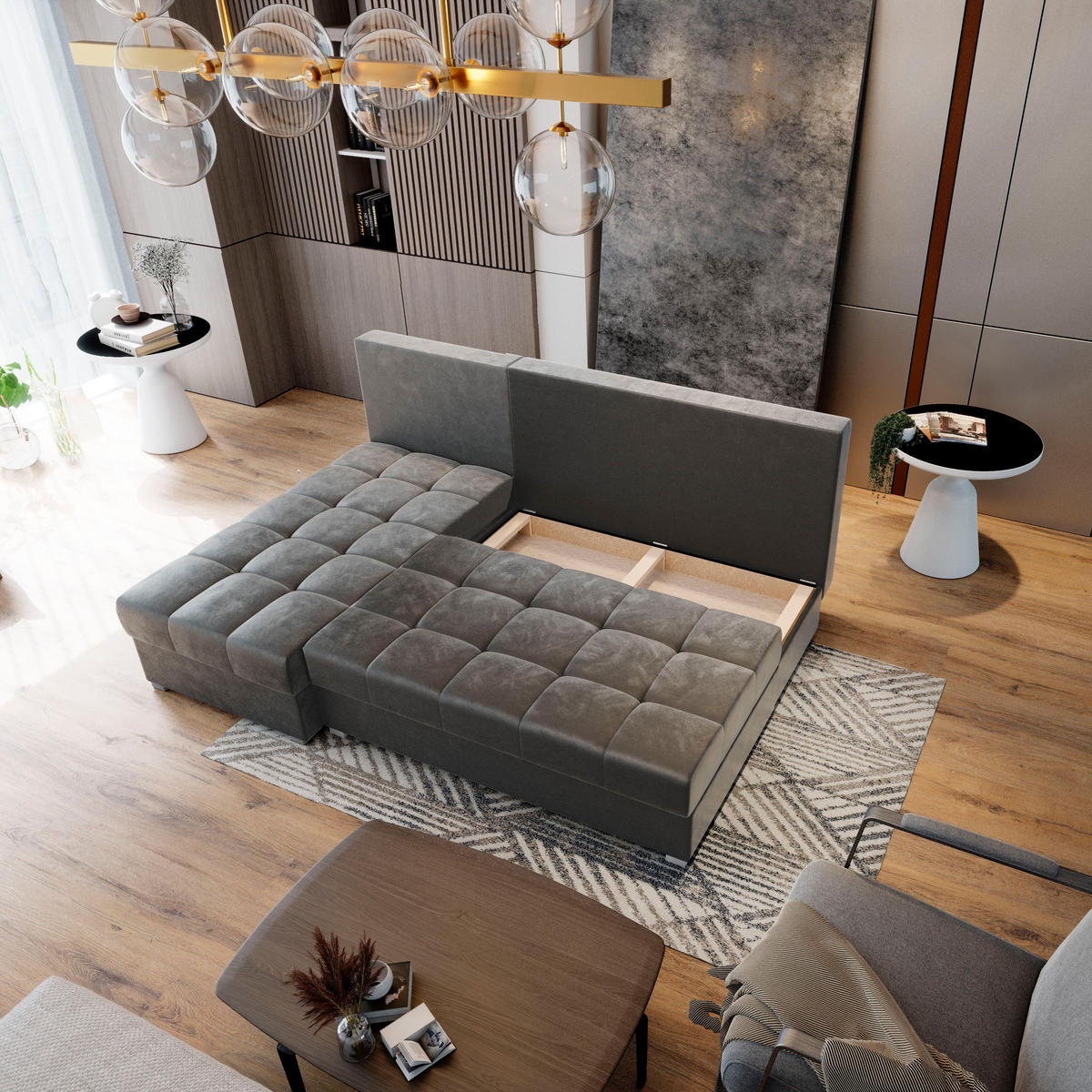 ECKSOFA RITA Hellgrau Plüsch-Stoff mit Schlaffunktion - Hellgrau, Holz (200/141cm) - MASSENO