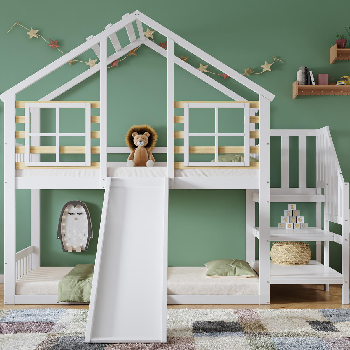 ETAGENBETT 90/200 cm Weiß Blockhaus mit Rutsche und Gitter aus Massivholz - Weiß, Holzwerkstoff (90/200cm) - OKWISH
