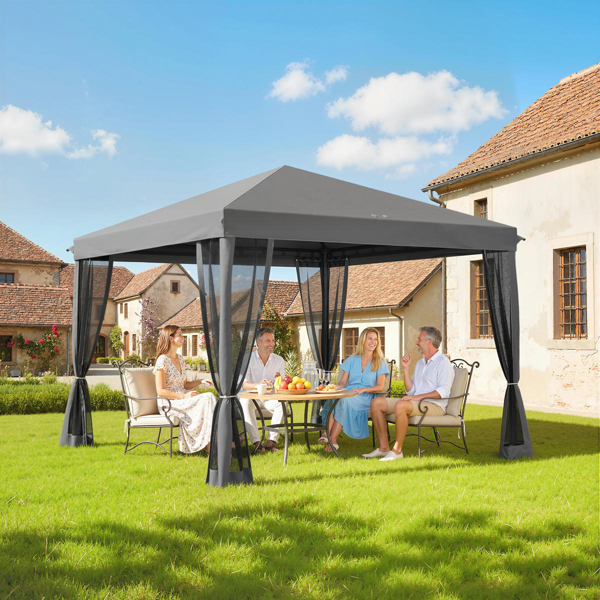 FALTPAVILLON, Cremeweiß, Metall, Oxford-Stoff, Moskitonetz - Hellgrau, Metall (295/260/295cm) - Outsunny