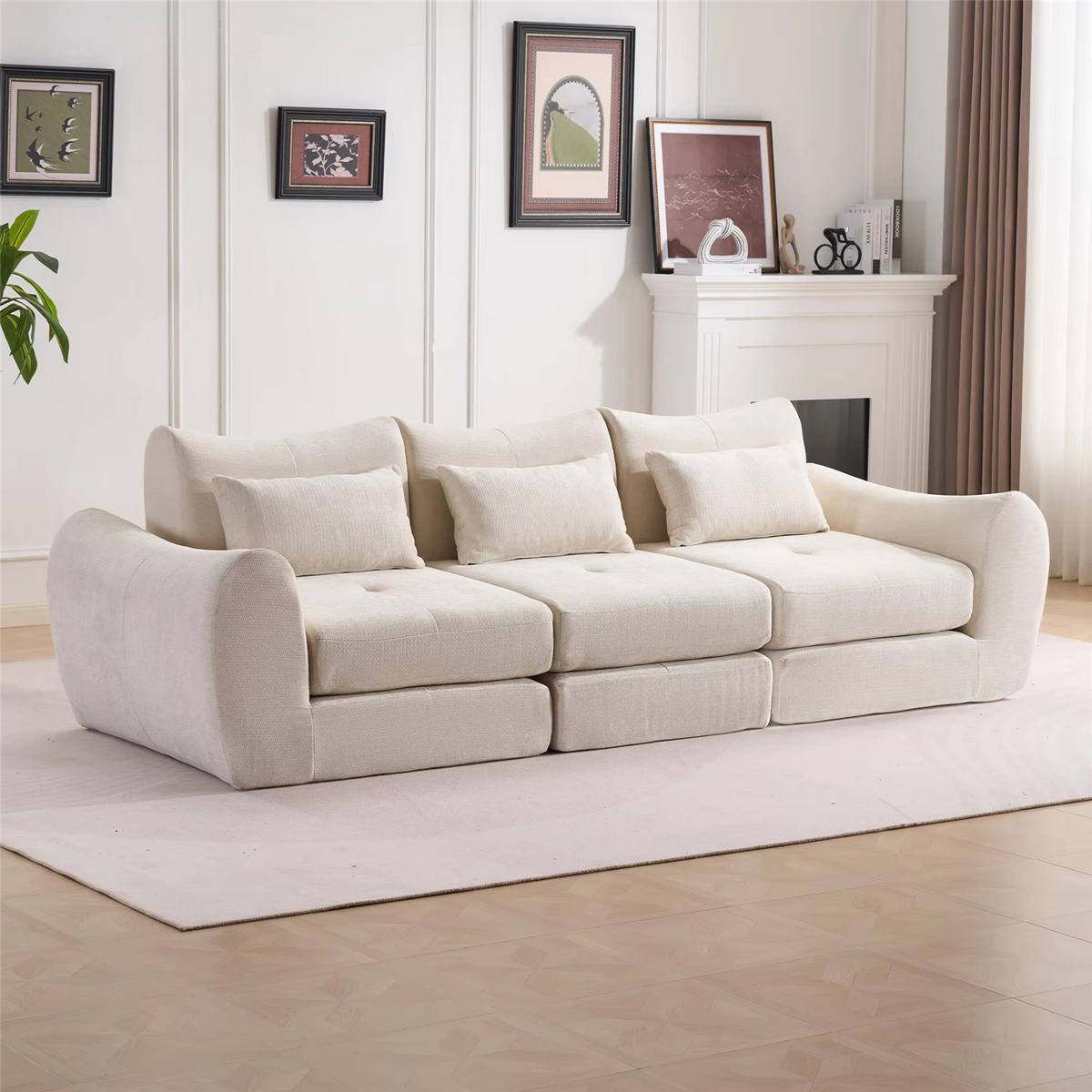 SCHLAFSOFA 3-Sitzer Chenille, Komfort Kompressionssofa ohne Aufbau, Beige - Beige, Textil (262/78/97cm) - Kaket