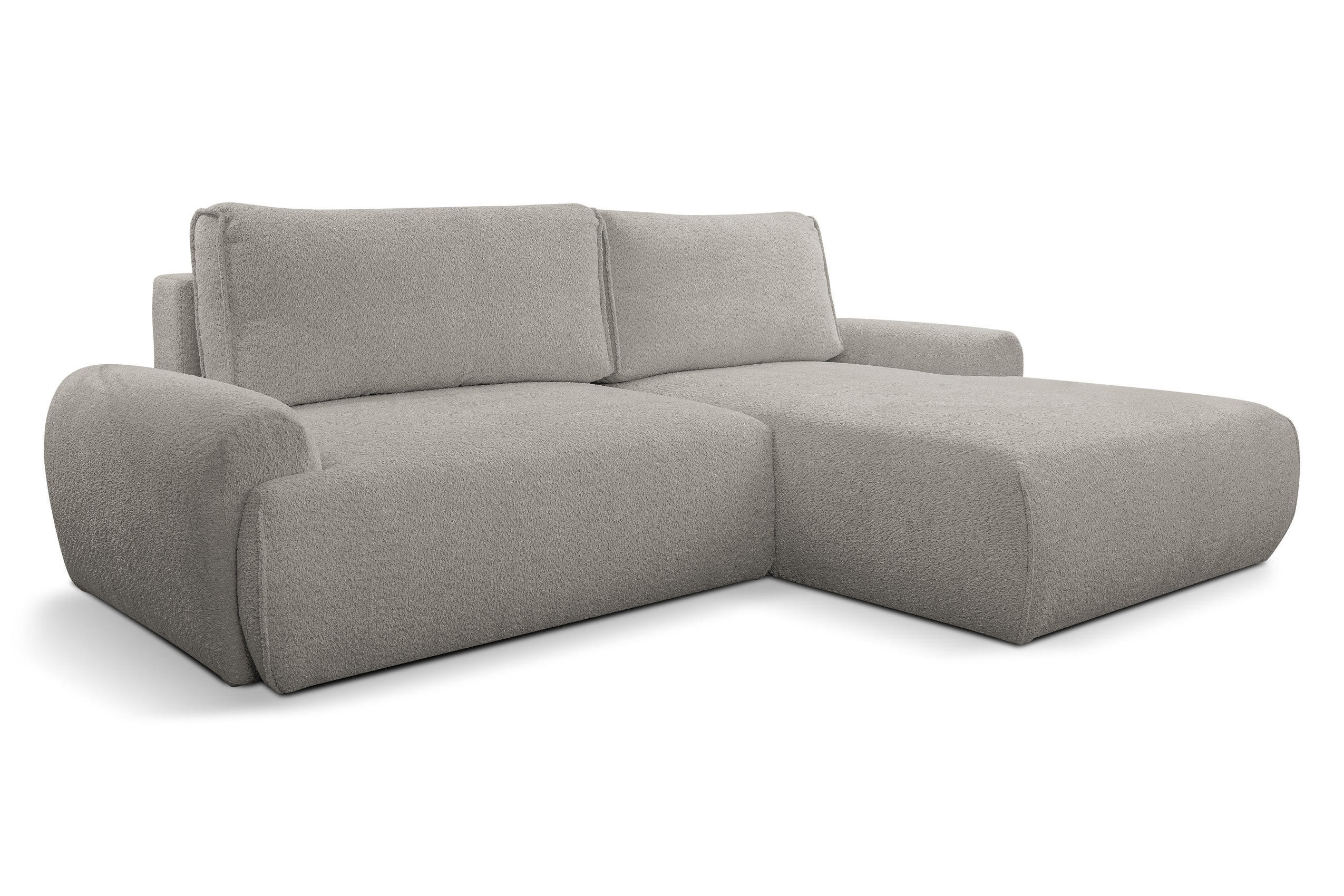 ECKSOFA Moon in L-Form mit Schlaffunktion und Bettkasten, Farbe: Grau, Bouclé-Stoff, Ottomane Rechts - Grau, Textil (260/136cm) - VENASI MÖBEL