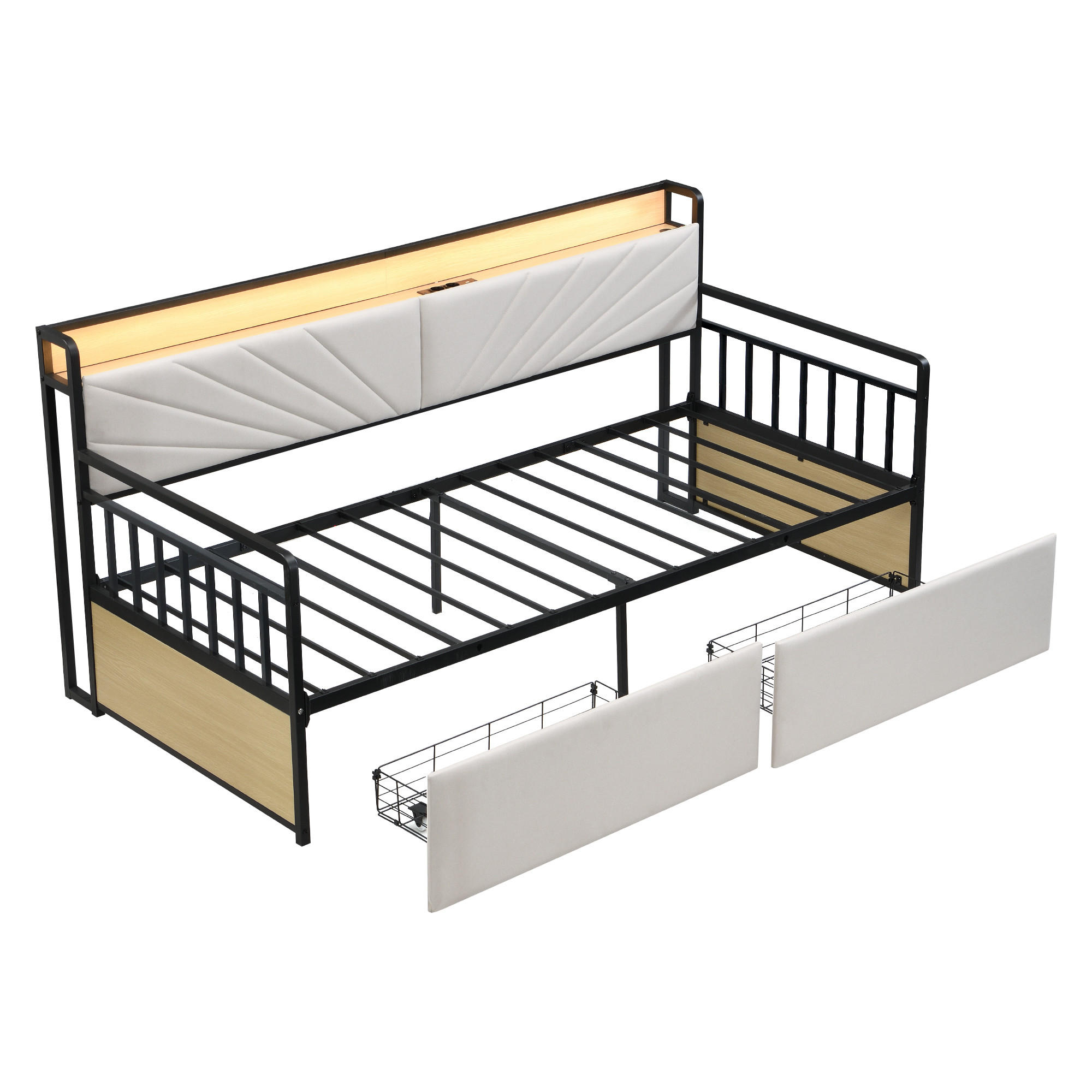 EINZELBETT 90x200cm mit Schubladen, Metallbetthalter，Beige - Beige, Metall (90/200cm) - KOMHTOM