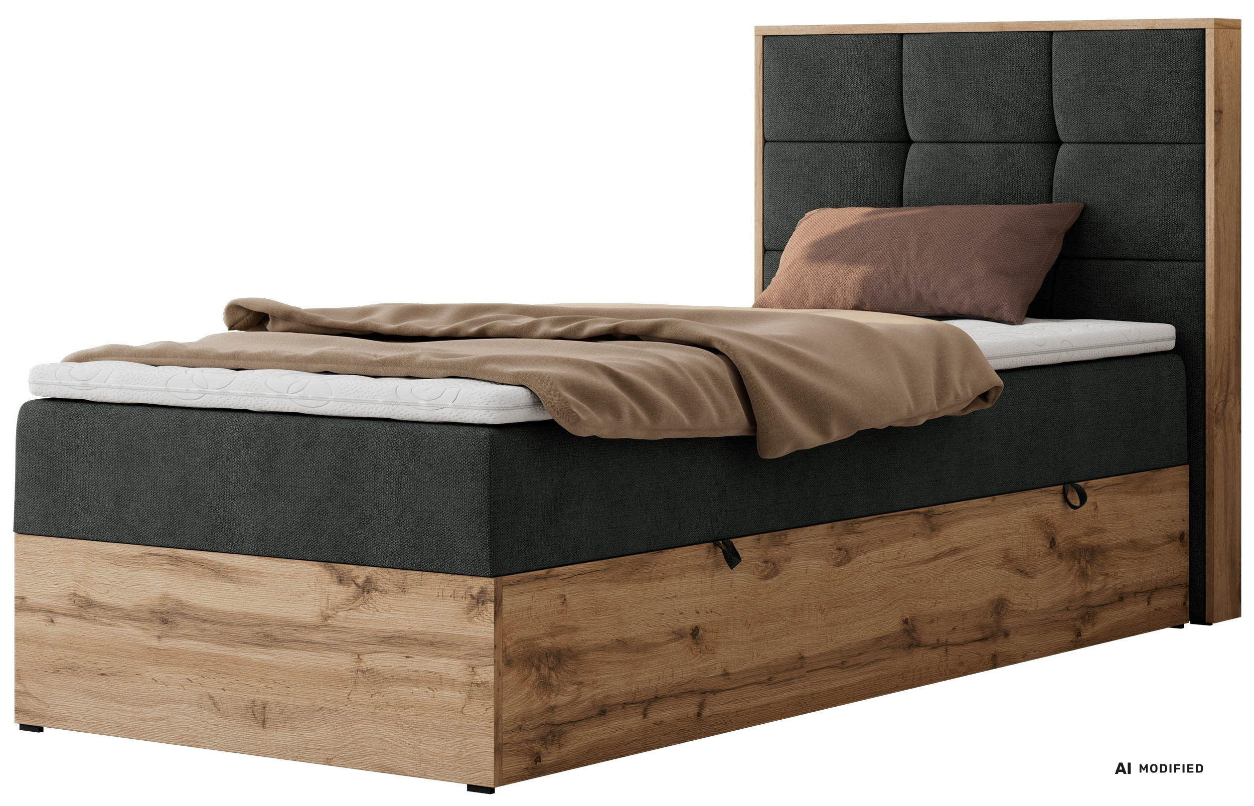 BOXBETT ALBERO 1 90/200 - Dunkelgrau Stukture - Topper T25 - H4 - Rechts - Taupe/Dunkelgrau, Kunststoff/Textil (90/200cm) - MKS