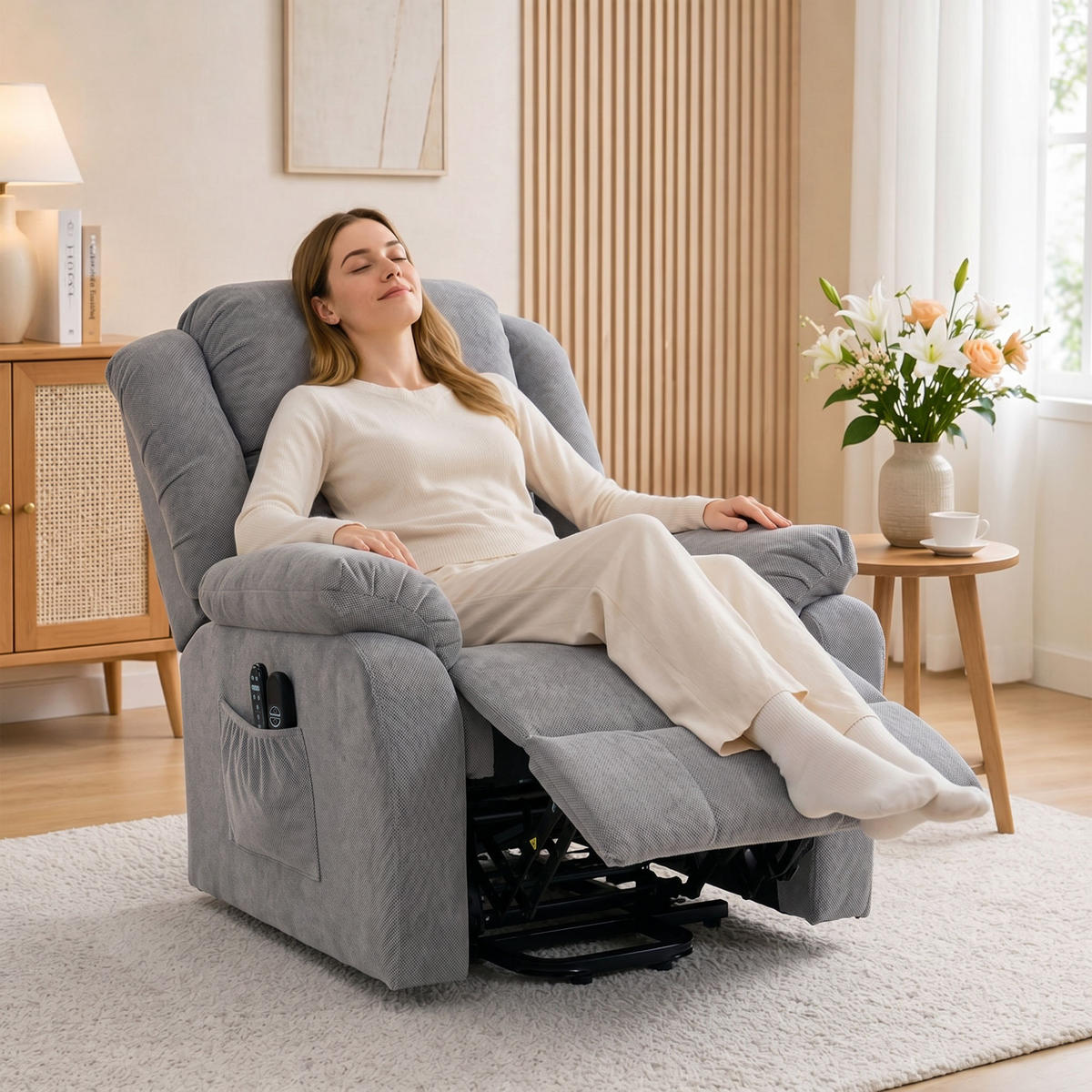 FERNSEHSESSEL mit Aufstehhilfe Polyester, Stahl Hellgrau - Hellgrau/Schwarz, Textil/Metall (92/104/102cm) - HOMCOM