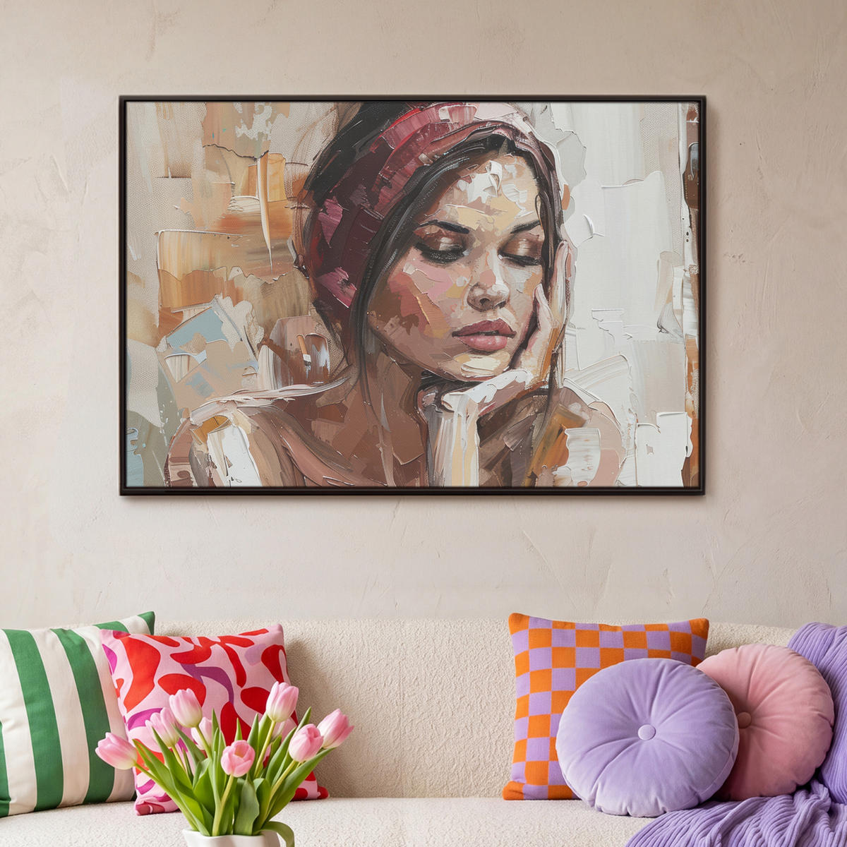 LEINWAND Bilder mit Rahmen - Frau - Lackierung - Porträt - Modern - 90x60 - Altrosa, Textil (90/60cm) - MuchoWow