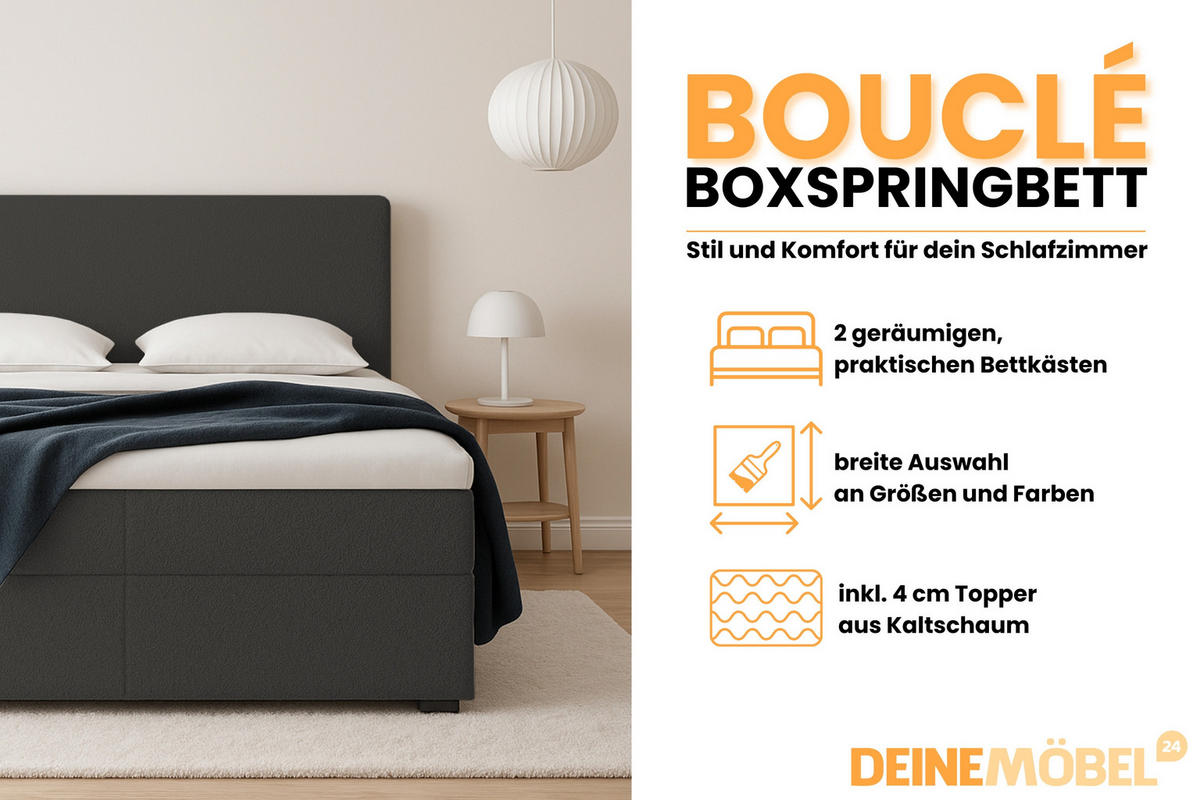 BOXBETT BOUCLE 140/200 in Boucle Graphit H3 - Graphitfarben, Holz/Holzwerkstoff (140/200cm) - Deine Möbel 24