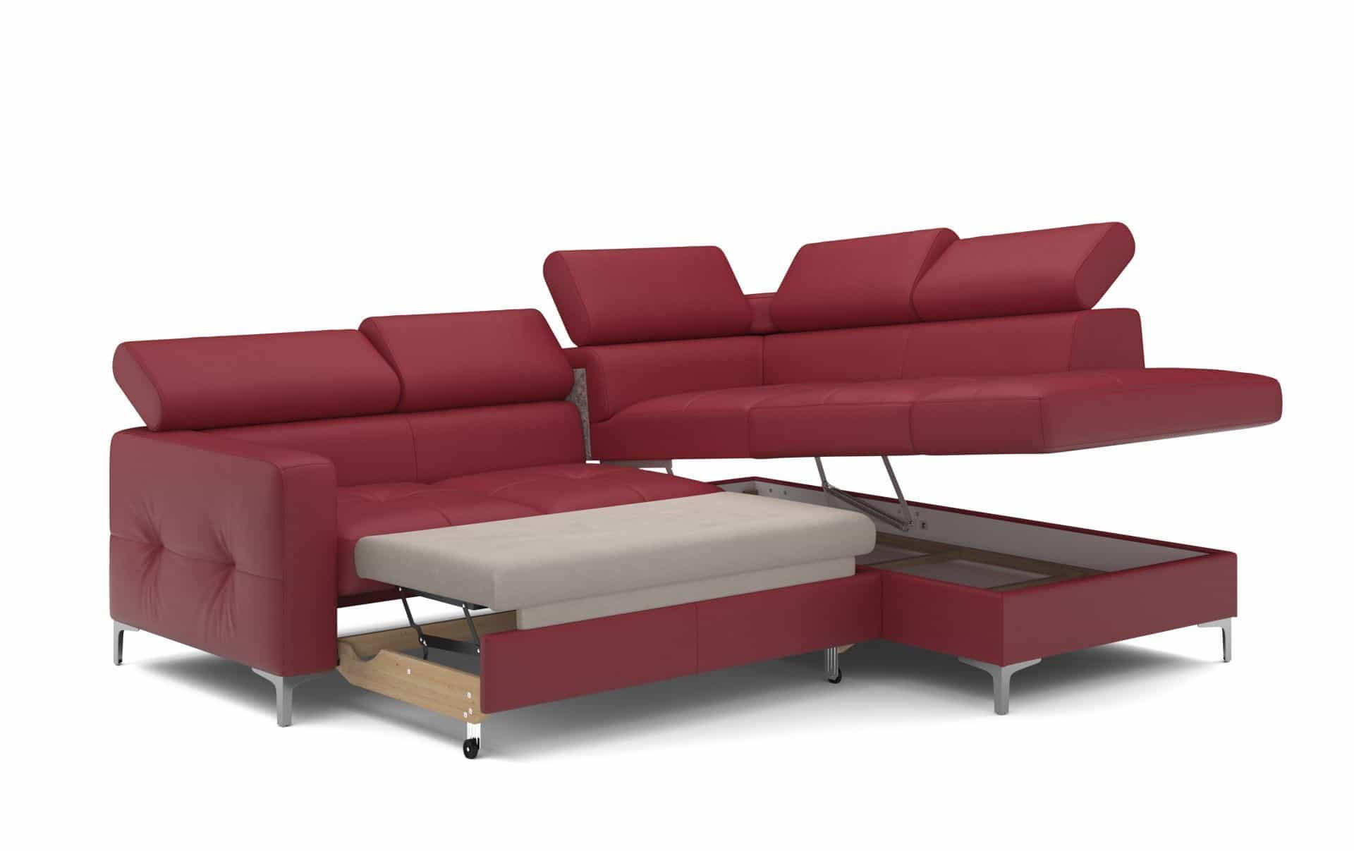 ECKSCHLAFSOFA aus Echtleder mit Schlaffunktion und Bettkasten - Chromfarben/Rot, Leder/Holz (207/242cm) - Cotta
