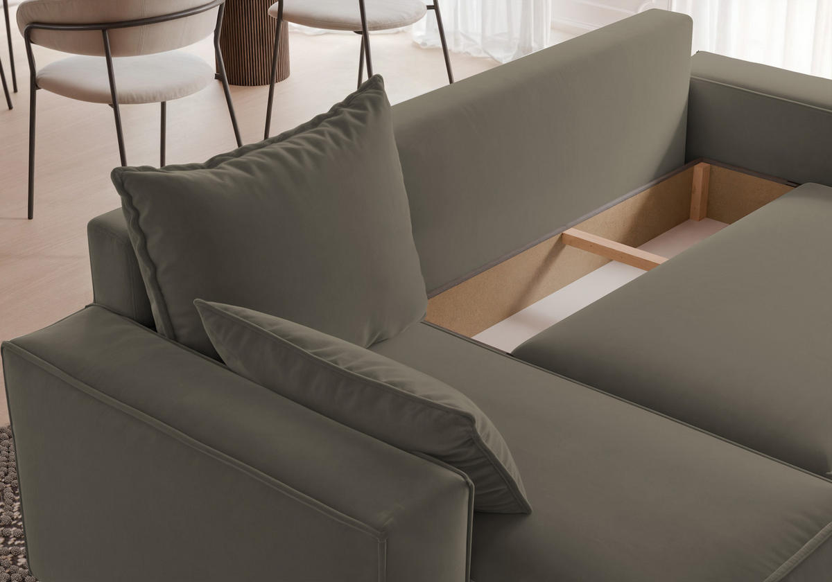 ECKSOFA Tobi mit Bettkasten und Schlaffunktion, L-Form, Velourstoff, Universal - Braun, Holzwerkstoff (246/145cm) - 4ALL HOME