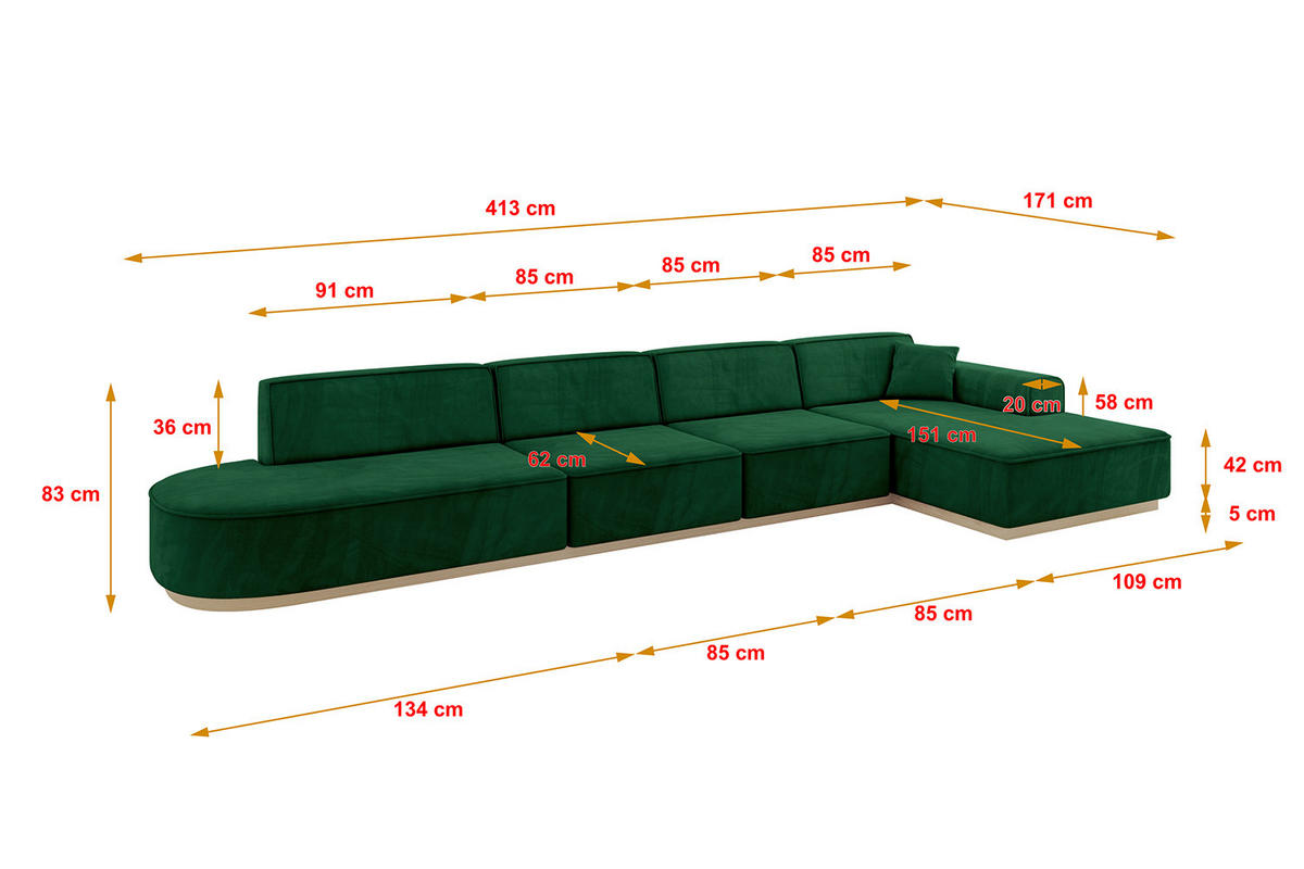ECKSOFA Ottomane Rechts IREA-L3 - 413x171x83 cm Grün - Grün, Holzwerkstoff/Textil (171/413cm) - ALTDECOR