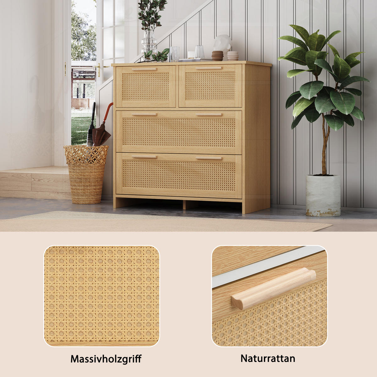 SIDEBOARD Rattan kommode mit 4 Schubladen & Massivholz Griffen - Eichefarben, Naturmaterialien/Holzwerkstoff (80/80/38cm) - Urban Meuble
