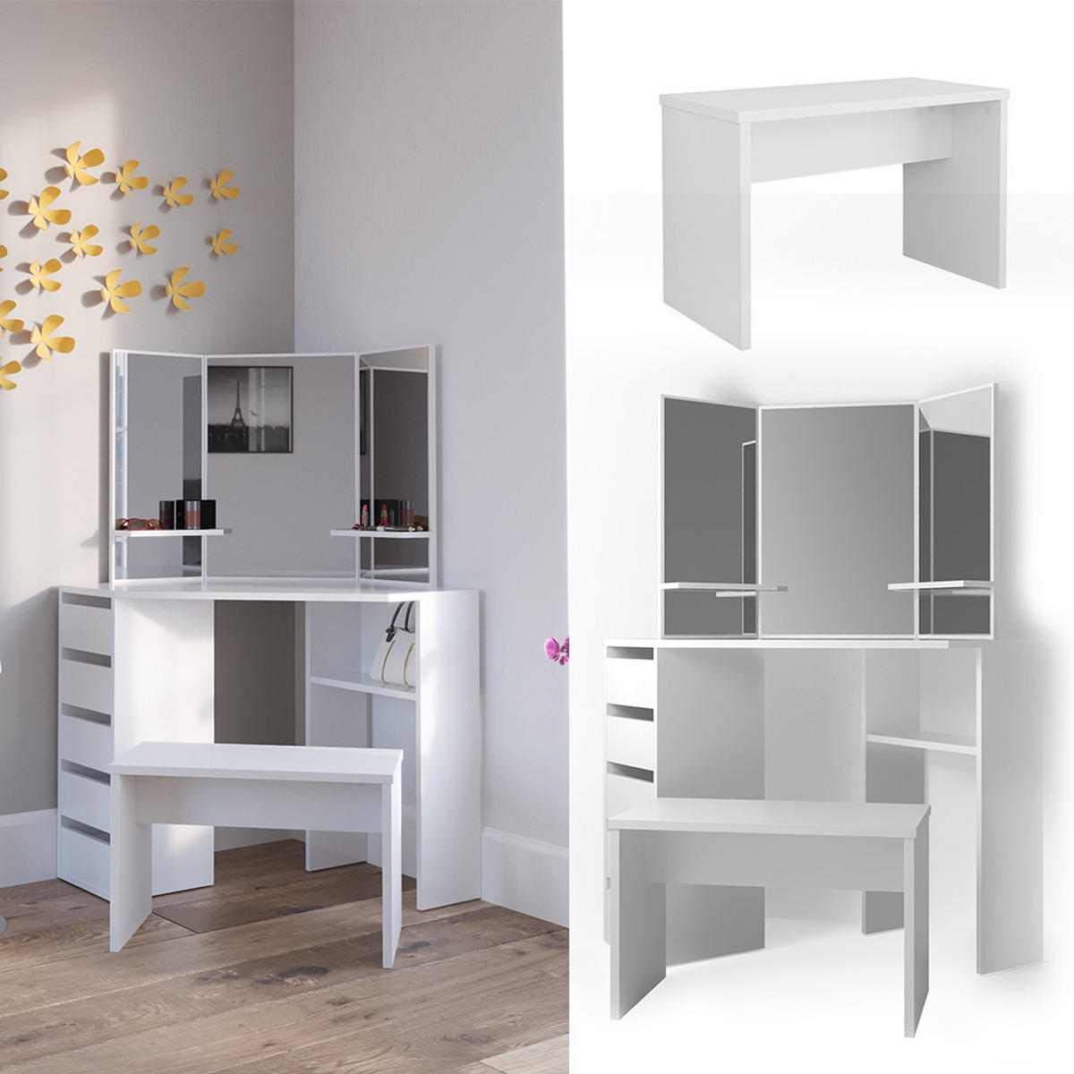ECKSCHMINKTISCH Arielle Weiß 110 cm mit Bank - Weiß, Holzwerkstoff (110/141.5/54cm) - Vicco