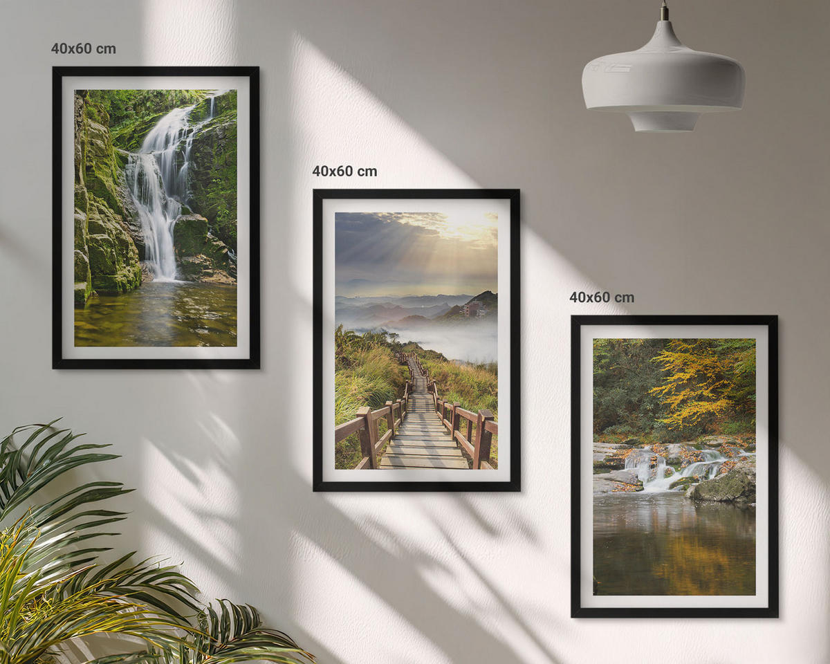 BILDER SET 3er Set - 40x60 cm Schwarzer Rahmen - Wasserfälle, Berge, Wolken, Herbst - Schwarz, Kunststoff (40/60cm) - TULUP