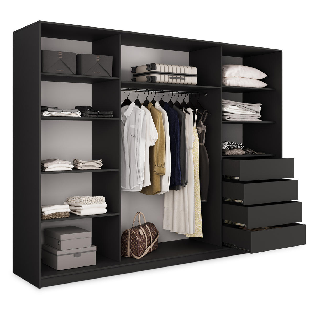 SCHWEBETÜRENSCHRANK TARI 270/205/58 cm 3-türig mit Spiegel und 4 Schubladen Schwarz - Schwarz, Holzwerkstoff (270/205/58cm) - MASSENO