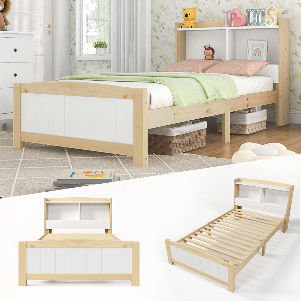 JEDNOLŮŽKO 90/200 cm bílé a přírodní z masivního dřeva s úložným čelem a matrací - přírodní, dřevo (90/200cm) - OKWISH