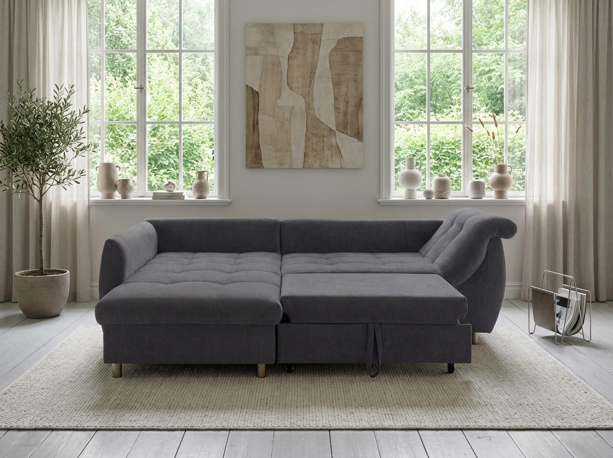ECKSOFA mit Schlaffunktion, Wellenunterfederung, Ottomane links B250/T190/H84 cm, Liegefl. 179x190 cm, Mikrofaser Anthrazit / 17008 - Chromfarben/Anthrazit, Textil/Metall (250/190cm) - luma-home