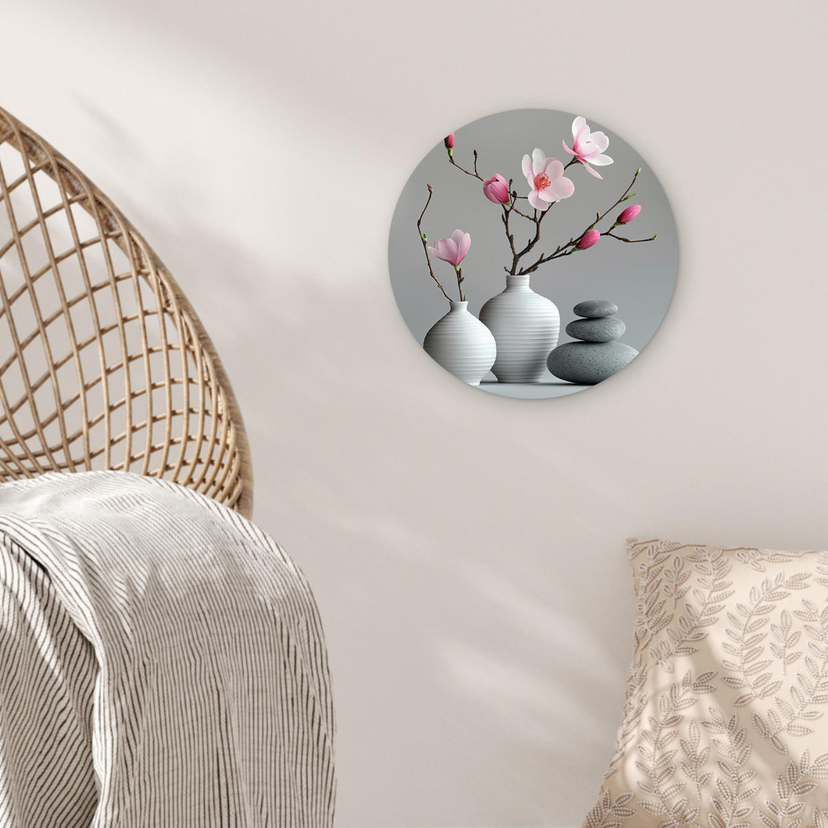 WANDBILD Magnolie - Blumen - Rosa - Zen-Steine 30x30 cm - Hellgrau, Kunststoff (30/30cm) - MuchoWow