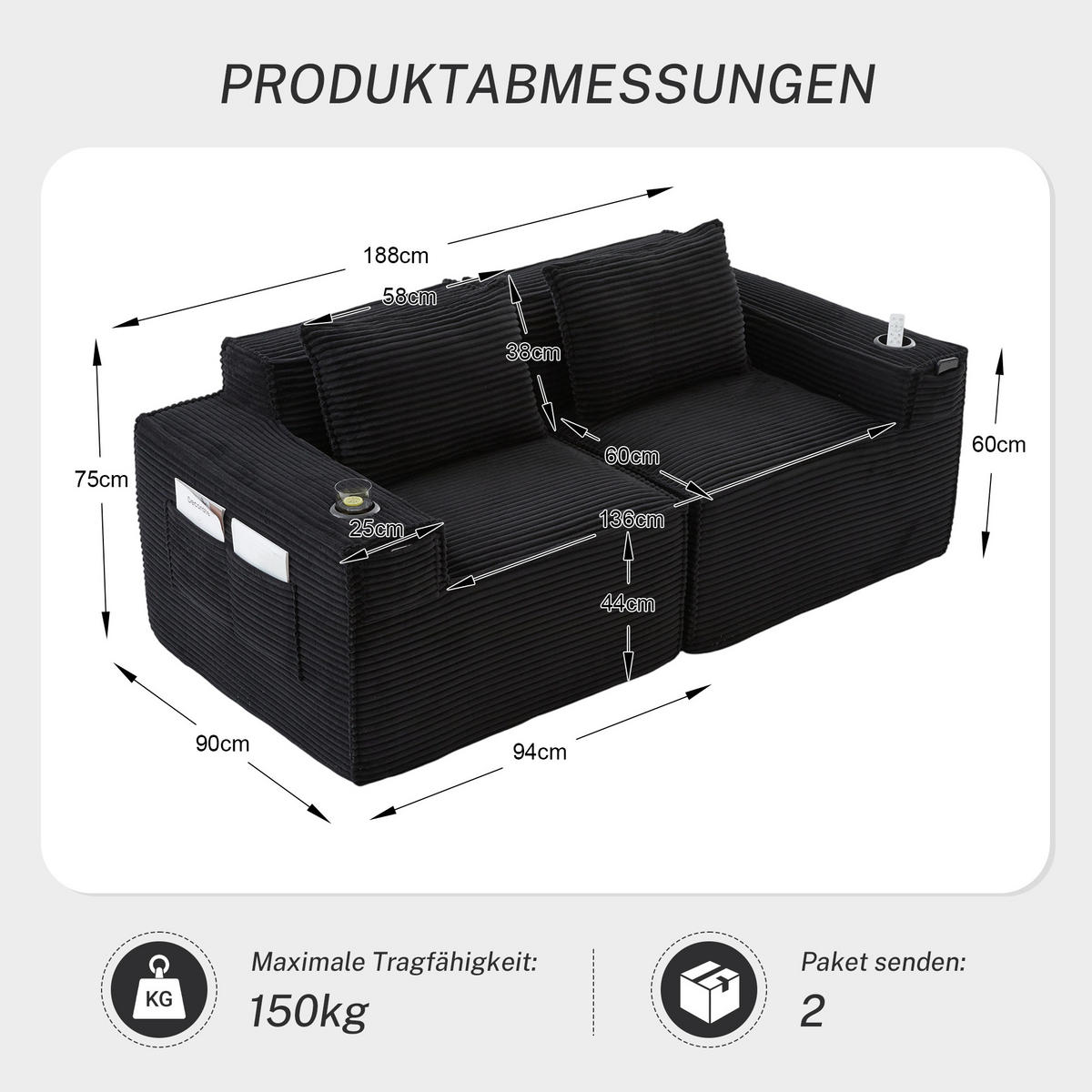 2-SITZER-SOFA DE-33835 modular mit Getränkehaltern Schwarz - Schwarz, Textil (188/75/90cm) - ComfortXL