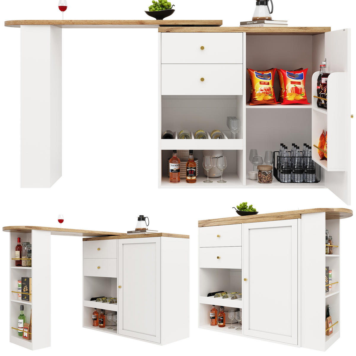 KÜCHENINSEL aus MDF mit drehbaren Seitenregalen und vier Schubladen, Holzstruktur, goldene Griffe, weiß - Weiß, Holzwerkstoff (105/102/39cm) - Luhomfu