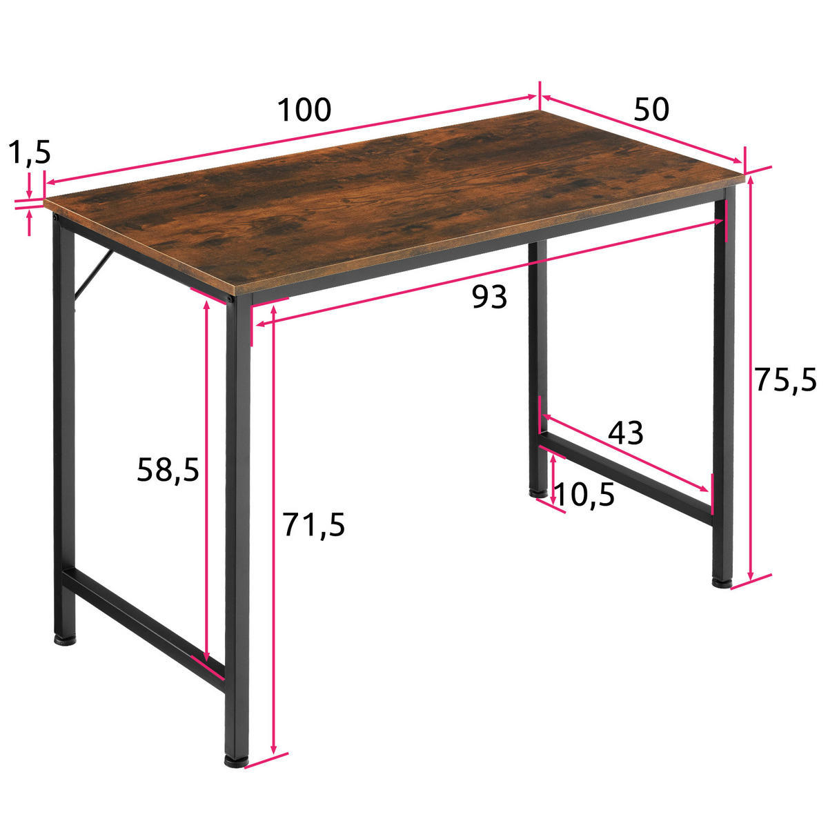 SCHREIBTISCH Jenkins, Höhe 75, 5 cm, Industrial Holz dunkel, rustikal - Rostfarben, Holzwerkstoff (50/100/75.5cm) - tectake