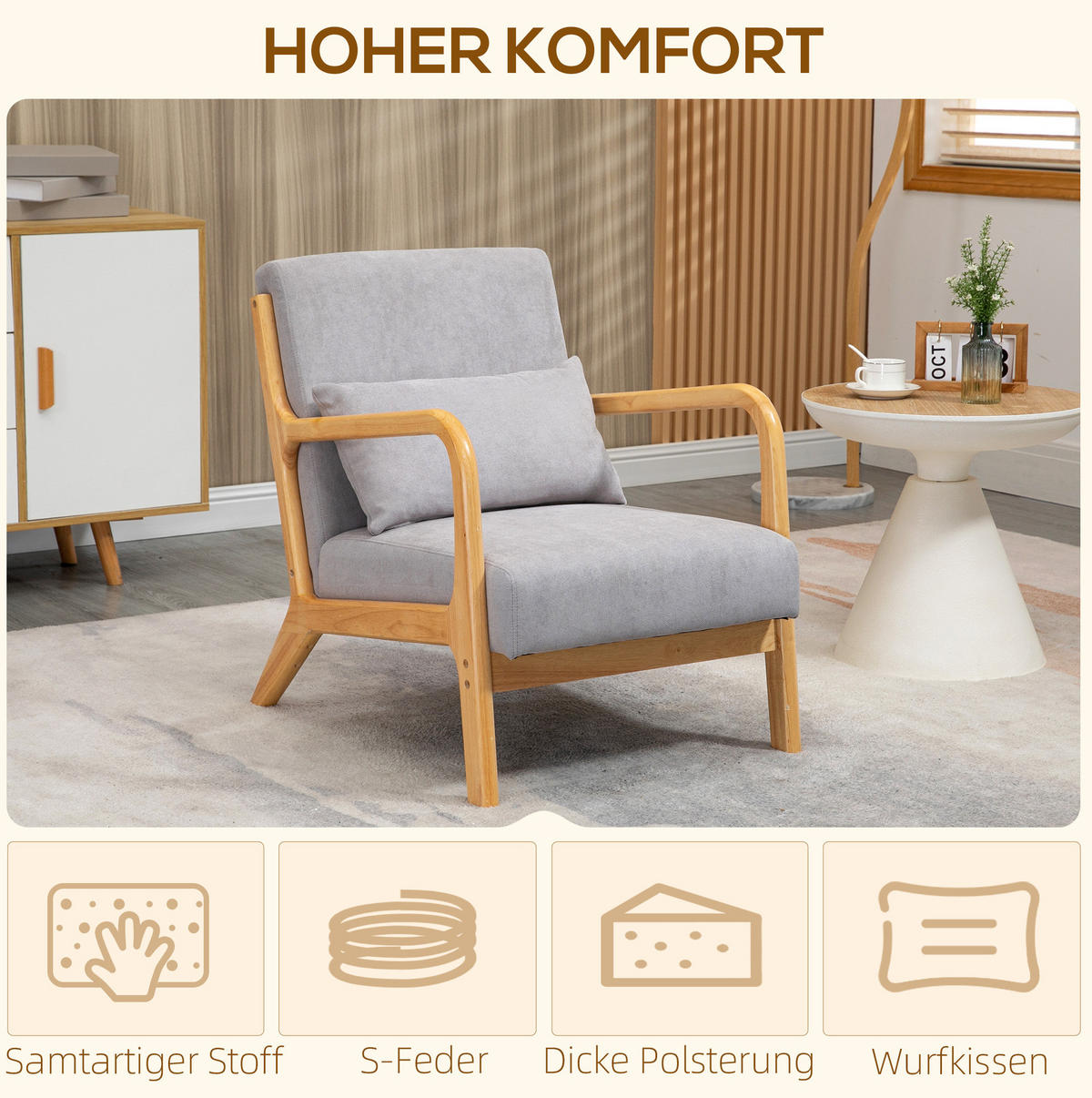 LOUNGESESSEL mit Armlehnen, S-Feder Polyester Samt-Look 61/78/76 cm Grau - Grau, Textil (61/76/78cm) - Redom