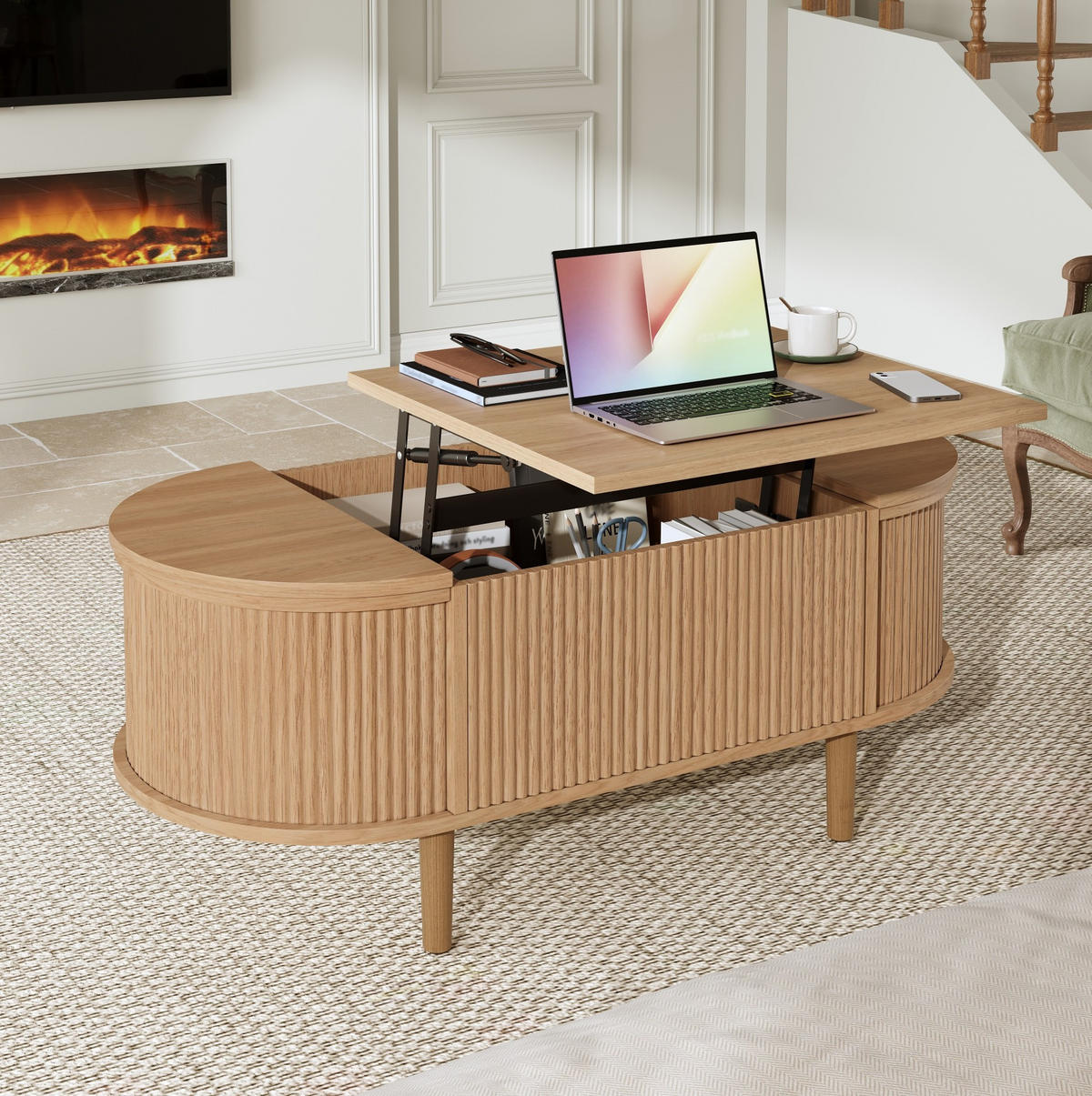 COUCHTISCH 100/48/53,5 cm mit höhenverstellbarer Tischplatte und Stauraum, Eiche - Eichefarben, Holzwerkstoff (100/48/53.5cm) - Redom